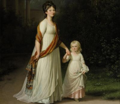  Jens Jørgensen Juel (1745 - 1802): 'Crown Princess Marie Sophie Frederikke and daughter Princess Caroline promenading in romantic park', ca. 1800. The Royal Danish Collection, Rosenborg