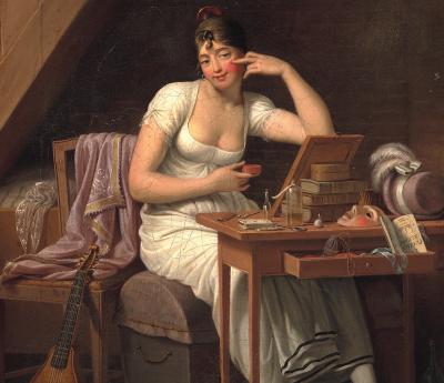 C. W. Eckersberg. En falden piges historie, III af IV. På et fattigt kvistkammer sminker pigen sig for at gå på maskebal, 1808.