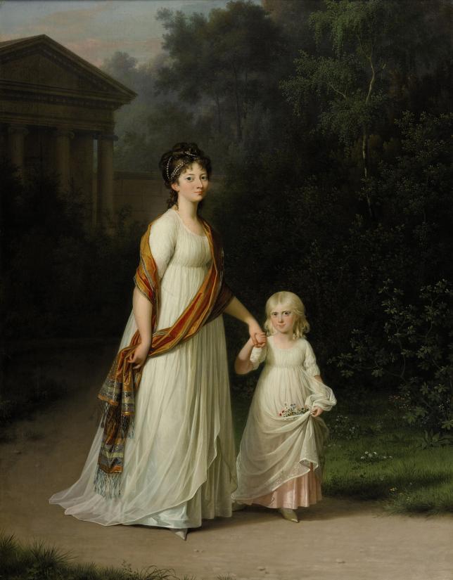 Jens Jørgensen Juel (1745 - 1802): "Kronprinsesse Marie Sophie Frederikke med datteren prinsesse Caroline spadserende i romantisk parkanlæg", o. 1800, Kongernes Samling, Rosenborg