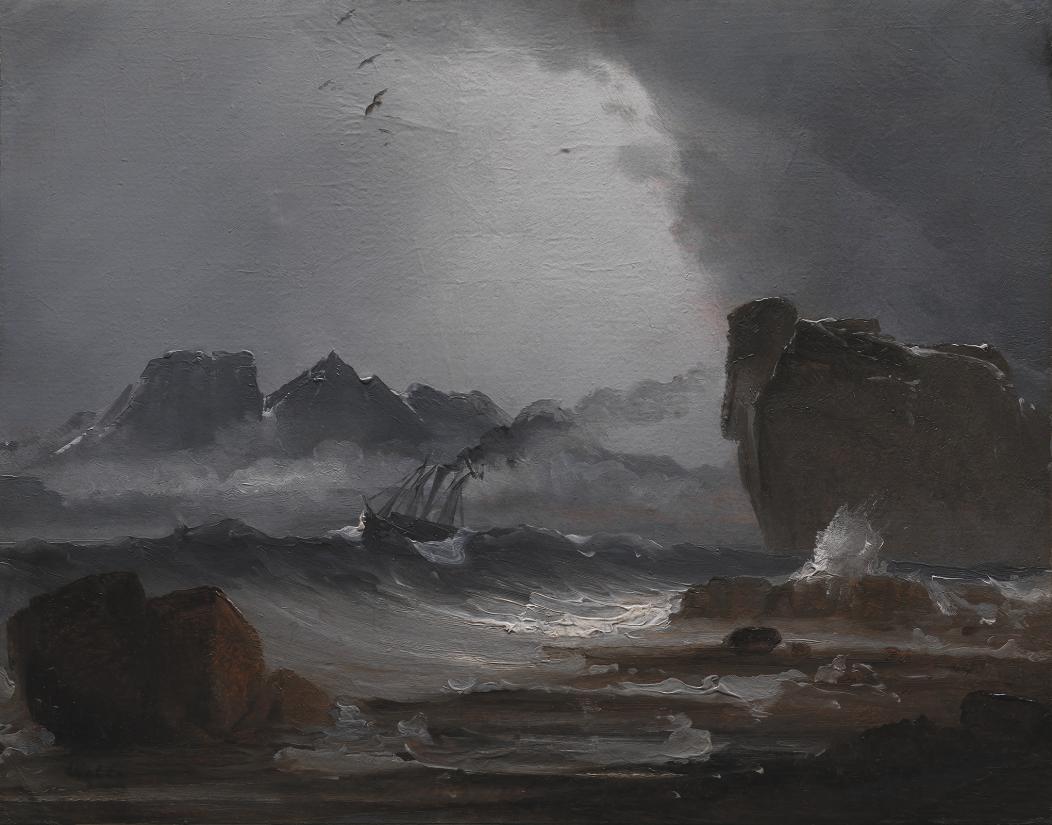 Peder Balke: Oprørt hav med dampskib [Heaving sea with steamship in distress], 1850/55, National Gallery of Denmark