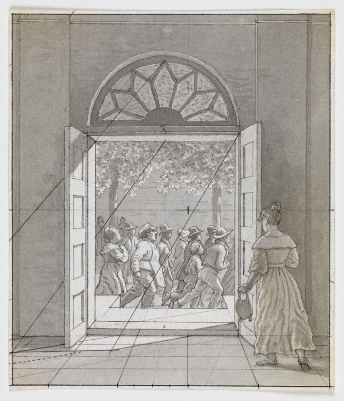 C. W. Eckersberg. En kvinde haster mod en døråbning med mennesker, der passerer forbi udenfor. Forlæg til tavle VI,3 i Linearperspectiven, anvendt på Malerkunsten, ca. 1841